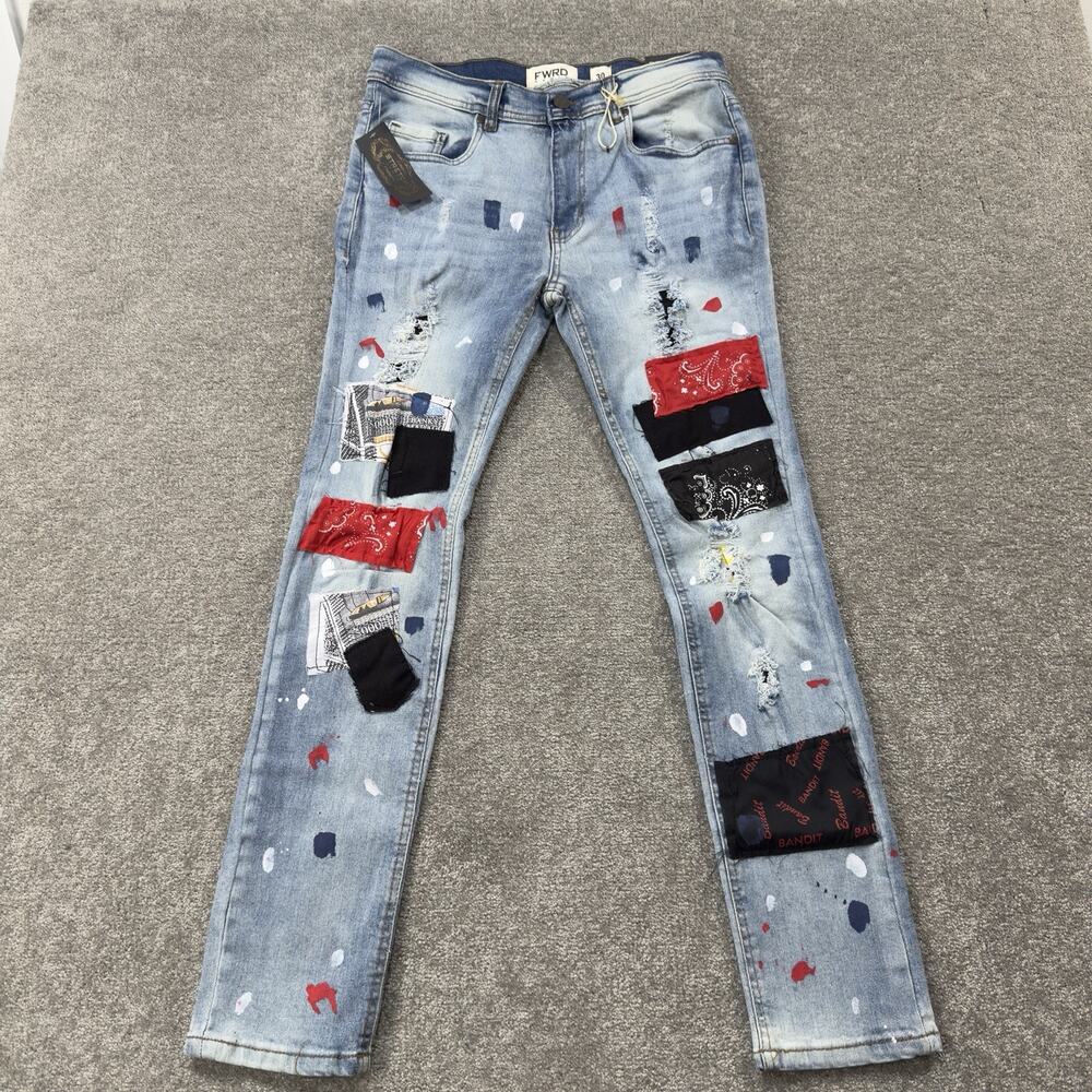 Mens FWRD Denim Slim Fit Patchwork Bandana Paint Splatter Distressed Jeans 30x32